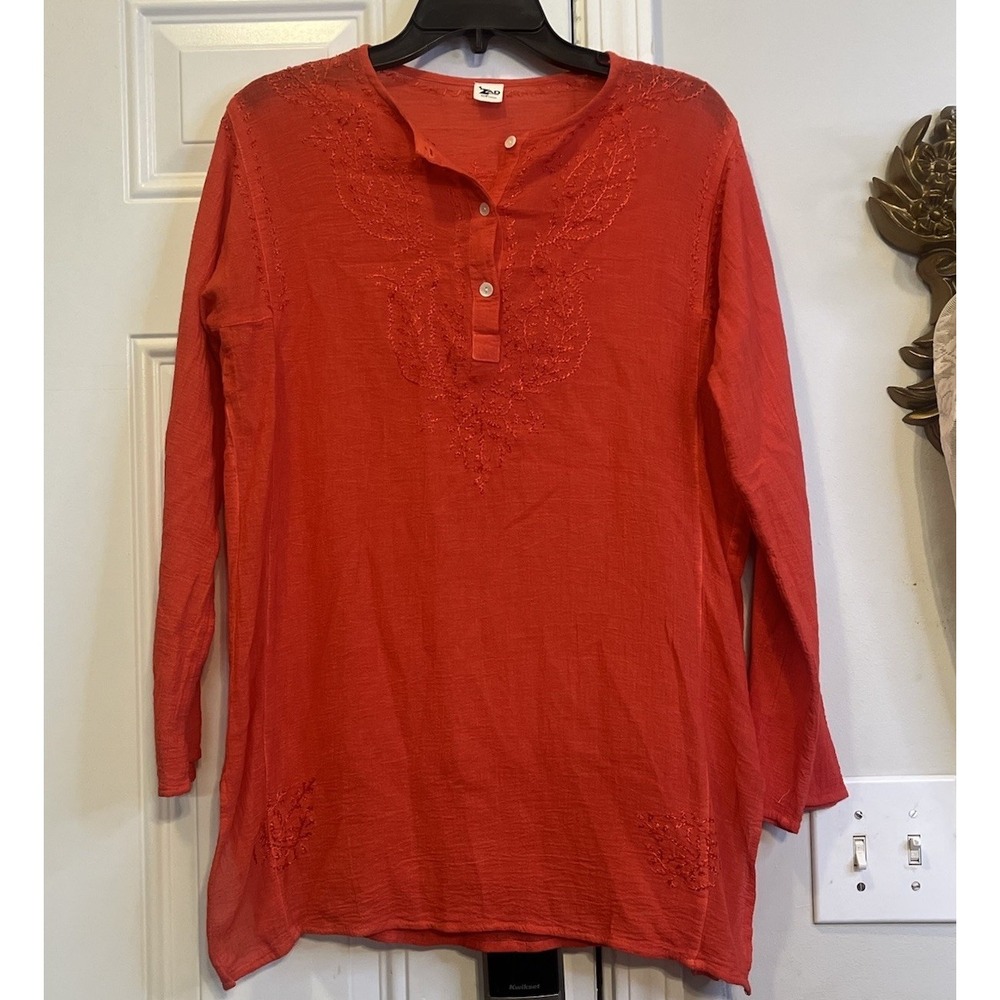 vintage 90s ZAD bright burnt orange embroidered gauze cotton tunic top